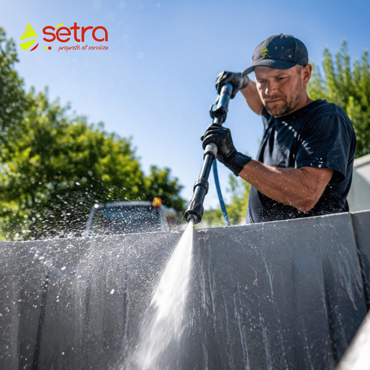 Agent de propreté SETRA utilisant un nettoyeur haute pression pour nettoyer une surface extérieure, sous un ciel bleu. Le logo SETRA apparaît en haut à gauche de l’image.
